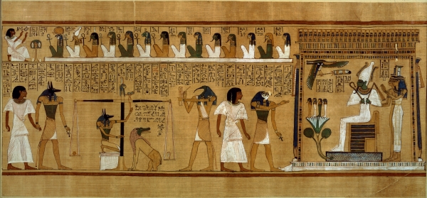 The Weighing of the Heart against Maat's Feather of Truth, from the Book of the Dead of the Royal Scribe Hunefer, New Kingdom, c.1275 BC (papyrus) Bridgeman Art Library